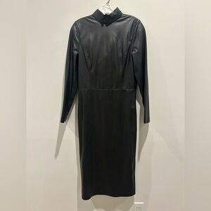 Alice + Olivia Sleek Black Faux Leather Long Sleeve Midi Dress Size 12 NWT